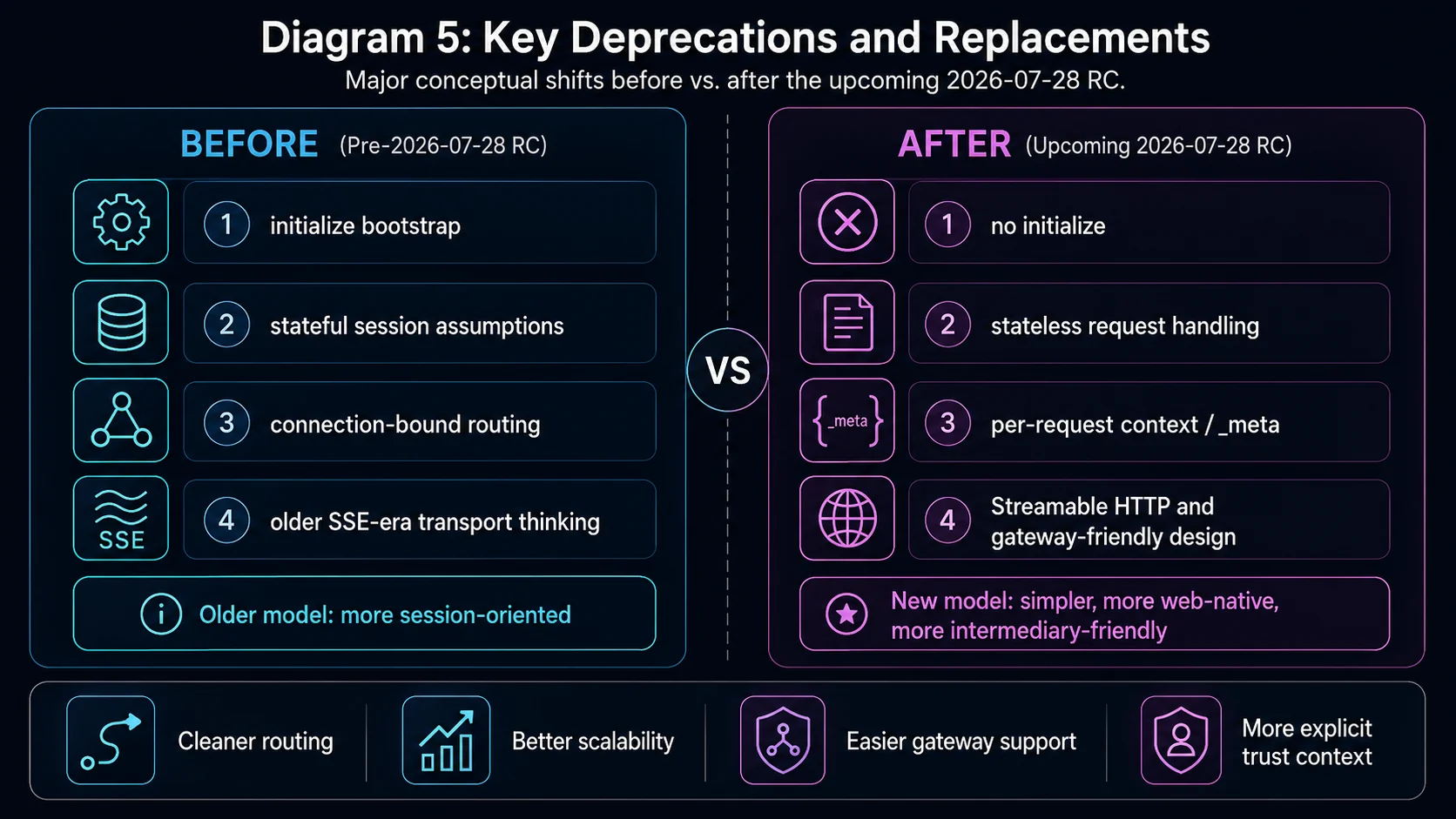 Diagram 5: Key deprecations and replacements, before and after the 2026-07-28 RC